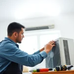 AC Repair Tampa technician fixing a unit in a bright living room.