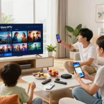 Sky Glass IPTV installation Guide being set up by a family in a cozy living room.