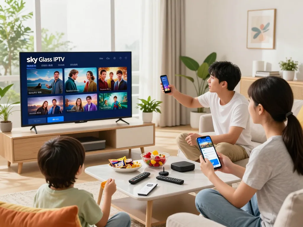 Sky Glass IPTV installation Guide being set up by a family in a cozy living room.