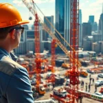 New Jersey Construction Manager guiding a construction site, showcasing modern development and teamwork.