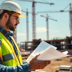 Manhattan General Contractor actively reviewing blueprints at a bustling construction site.