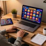 LUCKY88 player enjoying online gaming on a laptop with vibrant slot visuals.