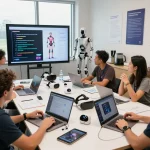 Collaborative team innovating in sex AI technology workshop, showcasing advancements in sexual health applications.