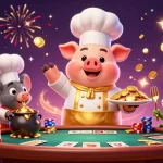 Experience excitement with DOMINO88 as our chef pig presents gold coins in a lively casino scene.