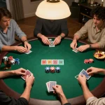 Engaged players strategizing their poker hands at nk88 home game night.