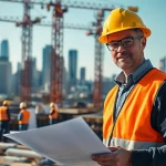 New York Construction Manager coordinating a bustling construction site with blueprints.