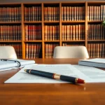Creating wills with legal documents and tools in a bright, professional office.