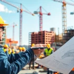 New York Construction Manager guiding construction activities amidst workers and machinery.