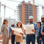 New York Commercial General Contractor collaborating on a busy construction site with diverse team members.