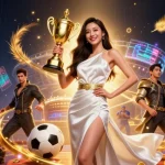 VT88 showcases a confident Asian woman winning in a sports betting atmosphere, celebrating with a trophy.