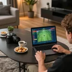 Engaging in online sports betting at home with 789 BET on laptop showcasing live odds and betting options.