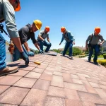 Roofing company team working diligently on a new roof installation, showcasing craftsmanship.