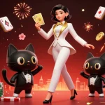 HIT CLUB casino scene with a glamorous dealer shuffling cards beside a tuxedo cat amidst floating game elements.
