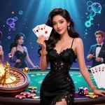 Play exciting game bài đổi thưởng amidst cascading coins, vibrant poker chips, and a glamorous casino setting.