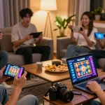 Xocdia88 gaming scene showcasing players enjoying various online games in a cozy environment.