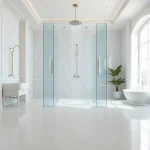 Experience elegant showers in a luxurious bathroom featuring a sleek glass enclosure and rainfall showerhead.