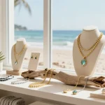 Showcasing ethical jewellery london in a serene coastal jewelry boutique with natural elements and artisanal craftsmanship.