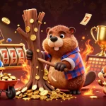 Experience thrilling gameplay with OK365 as the lumberjack beaver celebrates winning with golden coins.