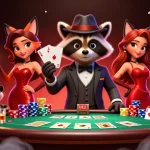 Engage in poker action at AO88 with a suave raccoon, a fox lady, and a bouncer in a vibrant casino scene.