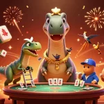 Experience the excitement of game XX88 with a cartoon dinosaur and raptor dealing cards amid festive elements.