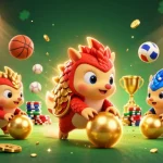 Compete with nk88 as cartoon pangolins roll gold balls among poker chips in a vibrant casino scene.