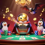 Experience thrilling games at icqc with a vibrant 3D casino scene featuring flying poker elements.