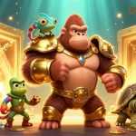 Experience the thrill of 98win with a vibrant visual of a gorilla king amidst treasures and gaming elements.