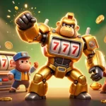 Experience the thrilling gameplay at yais, featuring an explosive golden gorilla mech and slot reels.