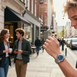 Individual wearing a rolex super clone watch in a lively urban setting, showcasing style and luxury.