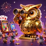 Experience the thrill of Min 88 as a golden owl oversees vibrant casino chaos of spinning reels and winning chances.