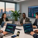 Investors discussing how to Buy BRICS coins in a modern meeting space