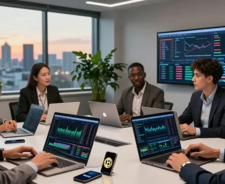 Investors discussing how to Buy BRICS coins in a modern meeting space