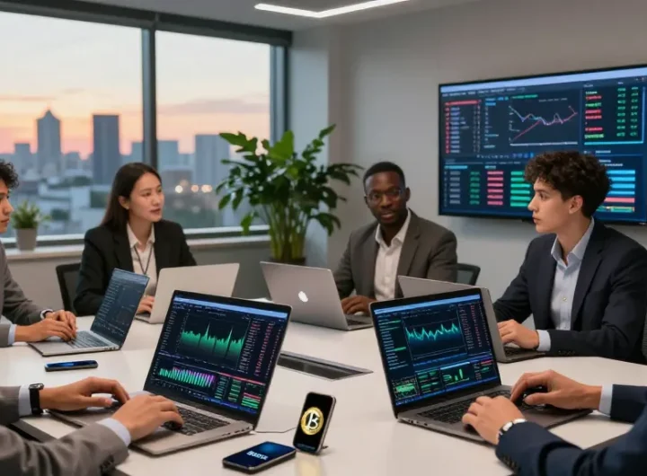 Investors discussing how to Buy BRICS coins in a modern meeting space