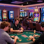 Players enjoying the vibrant atmosphere at credit card casino sites with neon lights and exciting games.
