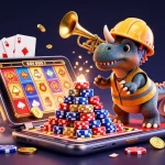 Join the fun at mhfe's colorful casino celebration with dinosaurs building poker chip towers.