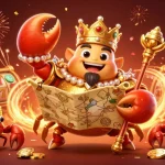 Kuwin's vibrant scene showcases a golden crab emperor leading a celebration with gaming elements and joyous gambling symbolisms.