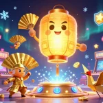 Cổng game bài đổi thưởng Sunwin showcases the vibrant casino atmosphere with a glowing lantern spirit and arcade elements.
