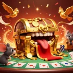Experience the excitement of 7c777 with dynamic casino visuals featuring treasure chests and poker elements.