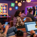 Exciting scene of players enjoying credit card casinos on various devices in a vibrant online gaming environment.